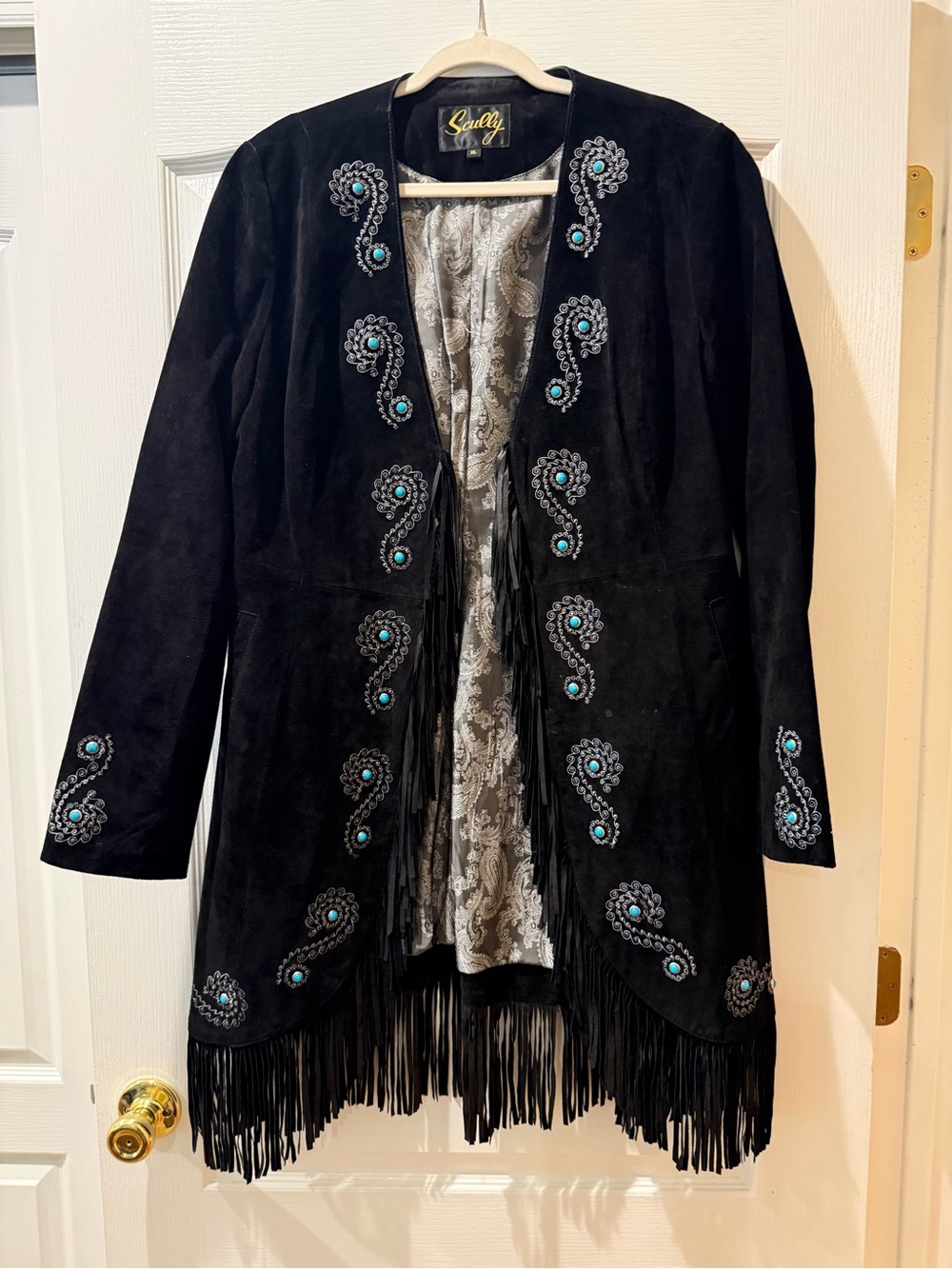 Scully Western Style embroidered fringe mid length women’s suede jacket
